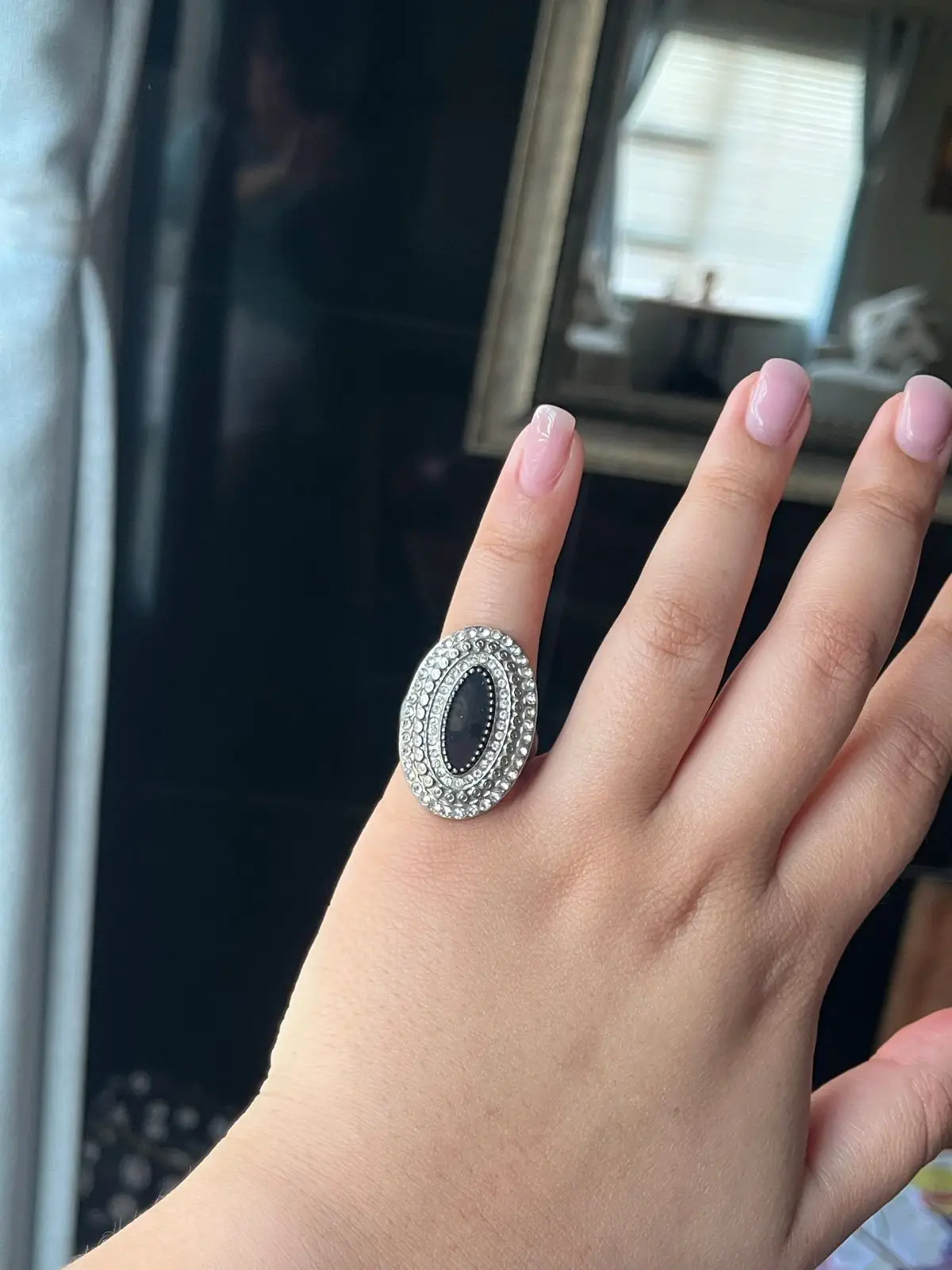 Silver Tone Statement Ring with Black Oval Center