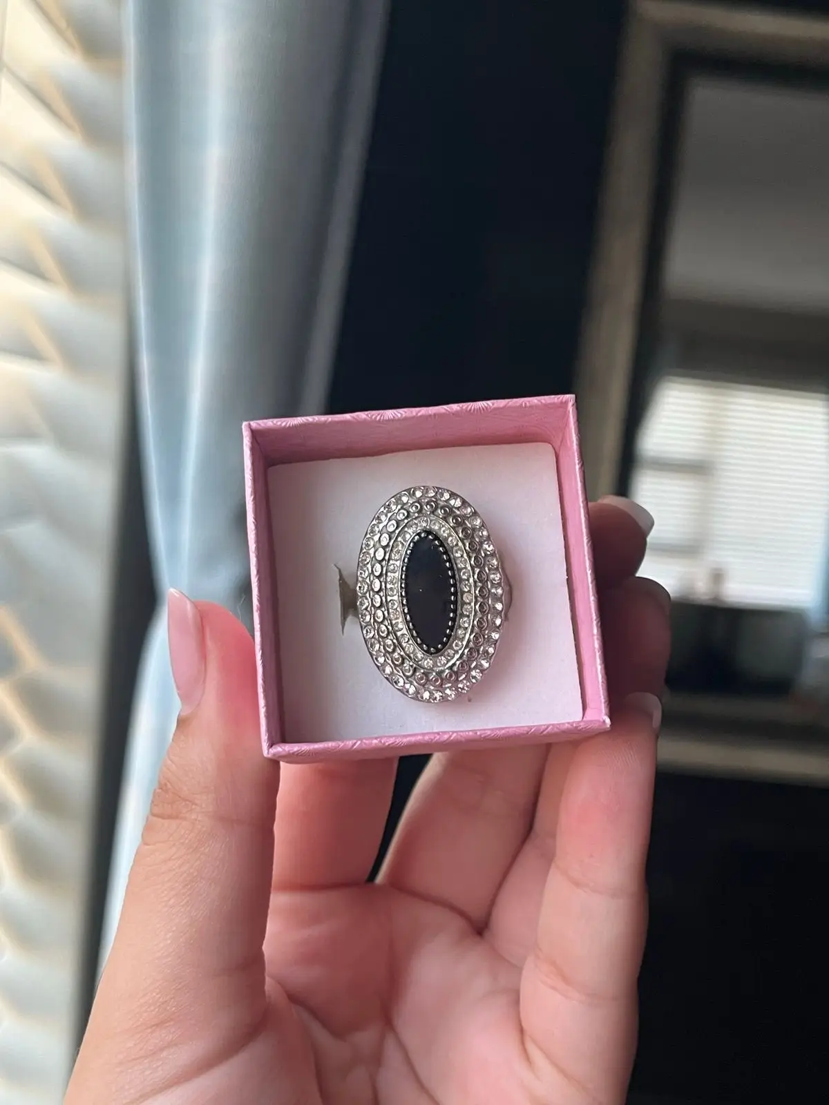 Silver Tone Statement Ring with Black Oval Center