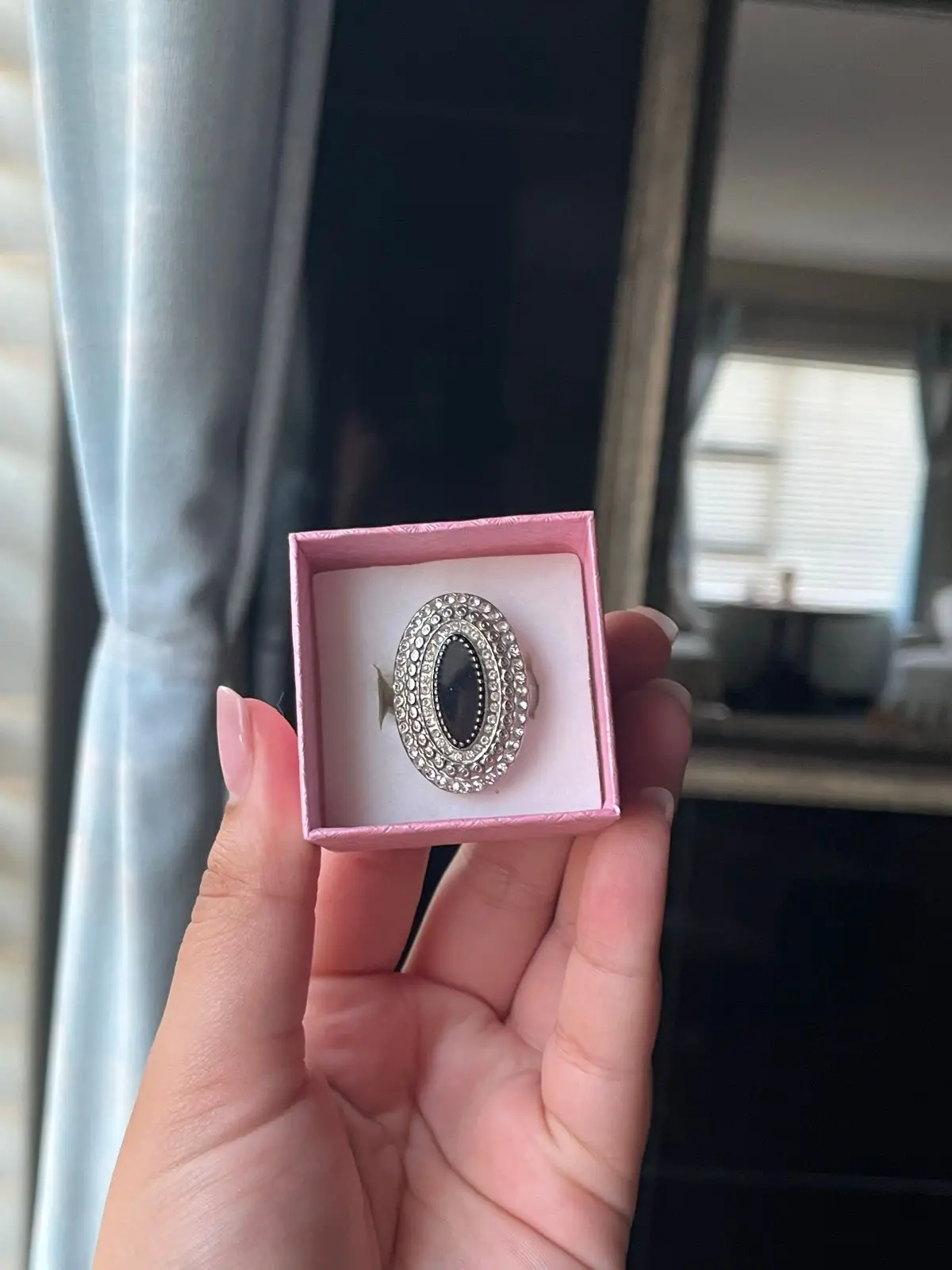 Silver Tone Statement Ring with Black Oval Center