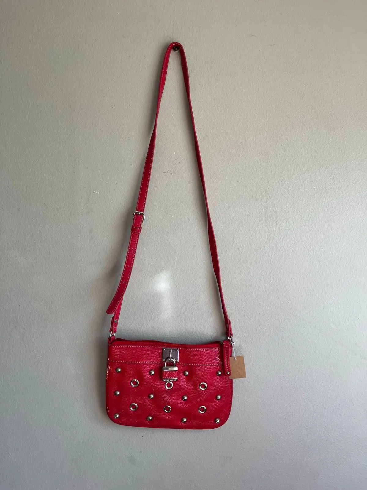 Nine West Red Crossbody Bag with Studs and Lock Detail