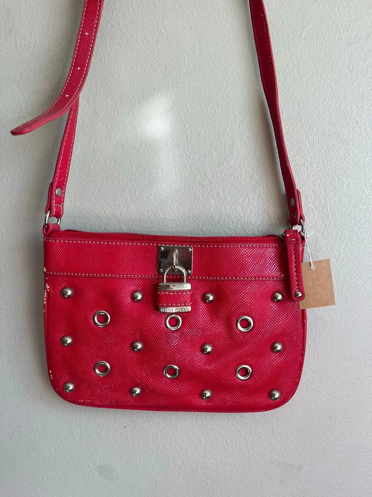 Nine West Red Crossbody Bag with Studs and Lock Detail