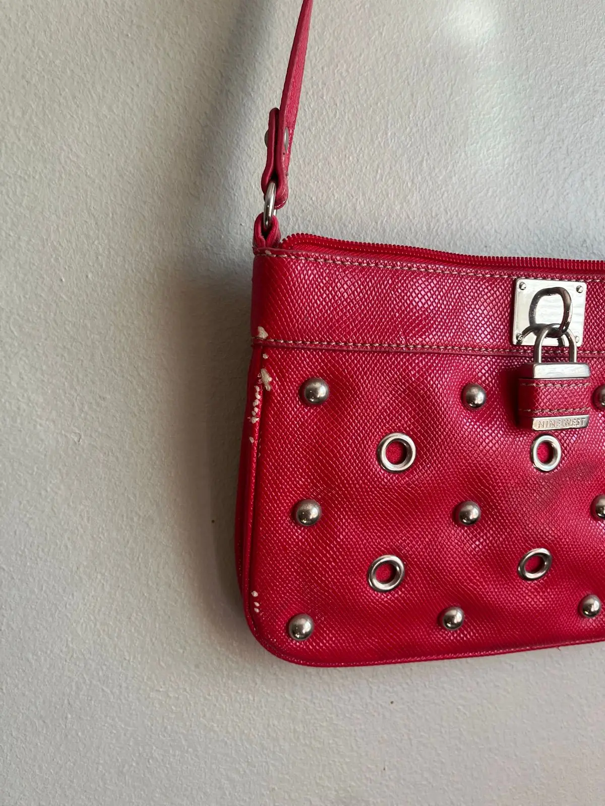 Nine West Red Crossbody Bag with Studs and Lock Detail