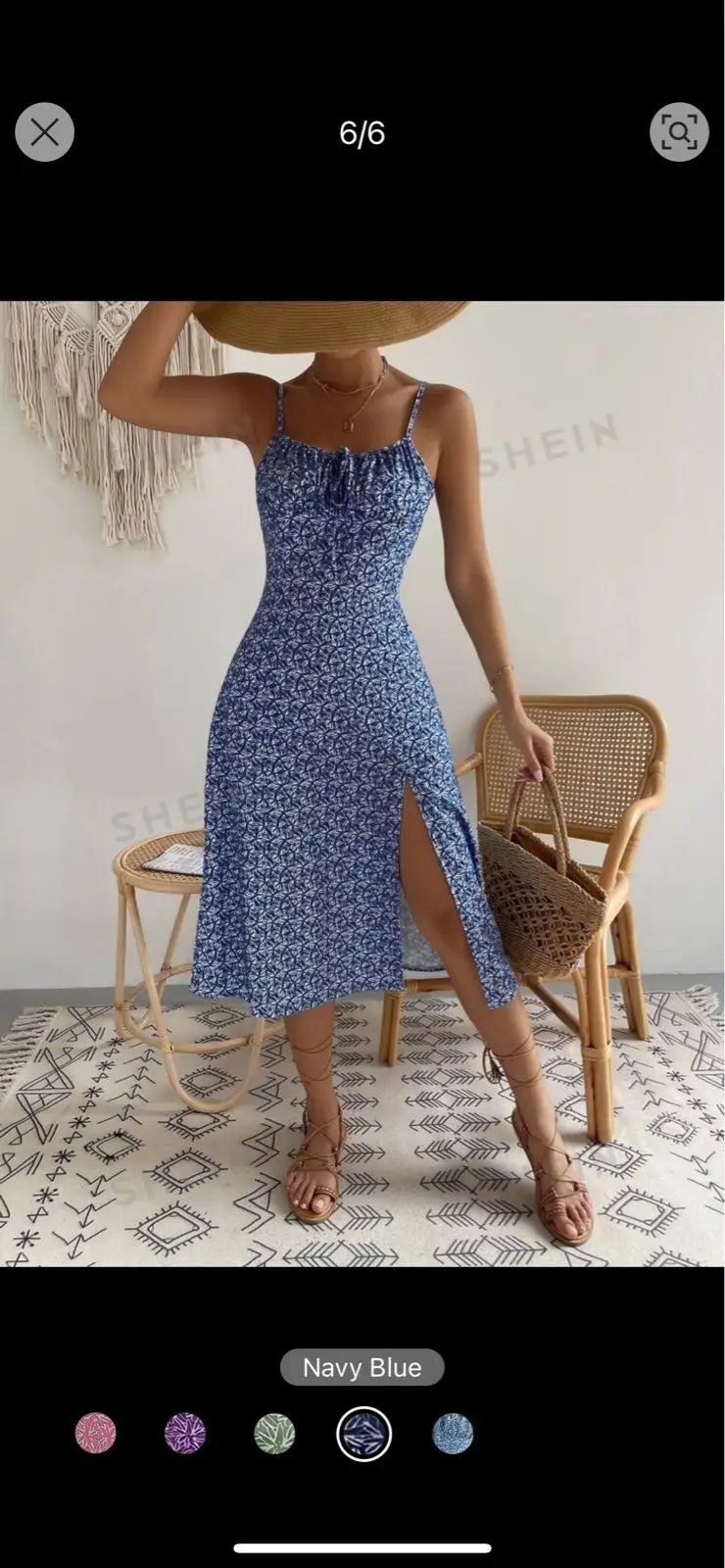 Shein Blue Floral Midi Dress with Slit