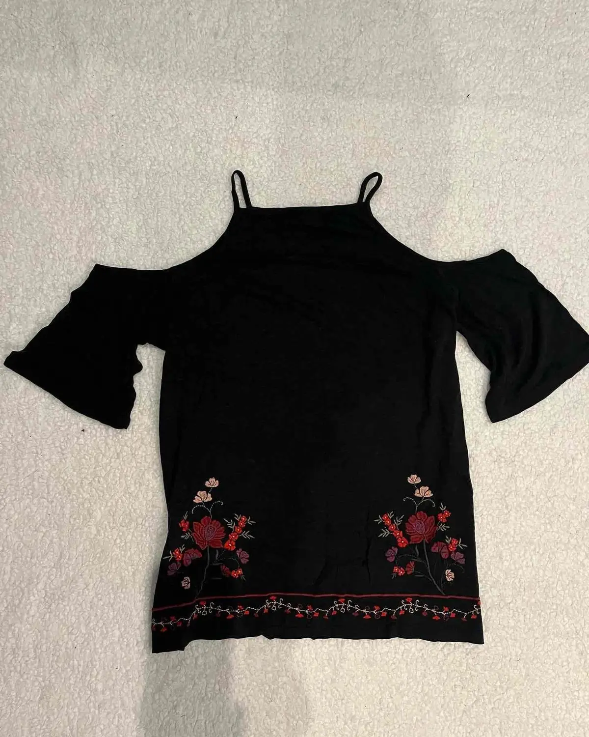 Black Cold-Shoulder Floral Embroidered Top