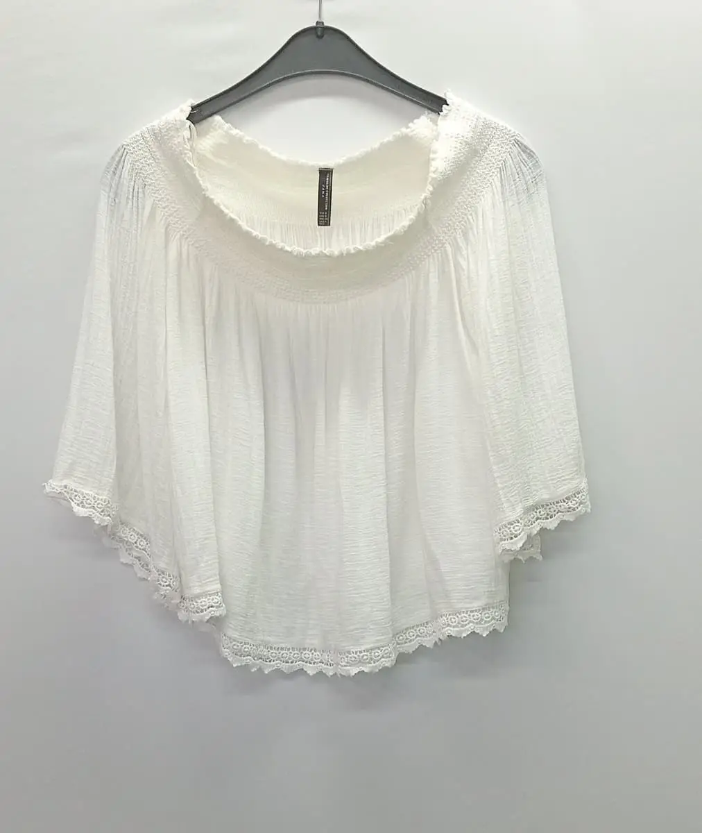 Zara Smocked Off-the-Shoulder Lace-Trim Blouse.