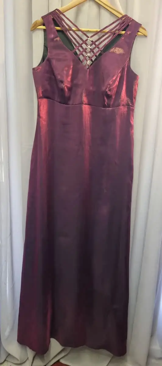 Handmade Taffeta floor-length evening gown with side zip in a rich metallic plum shade