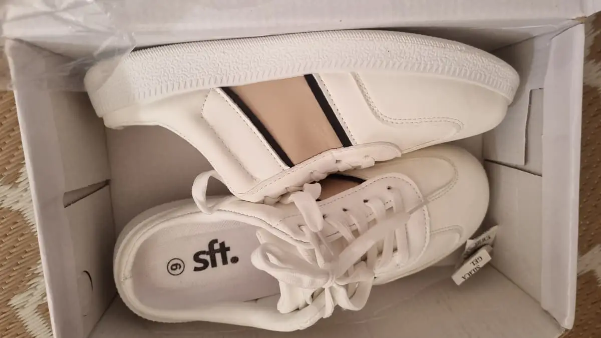 SFT ladies mule-style slip-on sneakers in crisp white with beige and black accent stripes