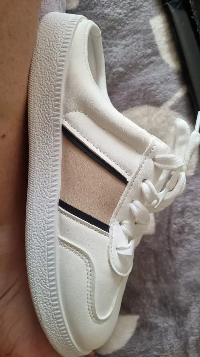 SFT ladies mule-style slip-on sneakers in crisp white with beige and black accent stripes