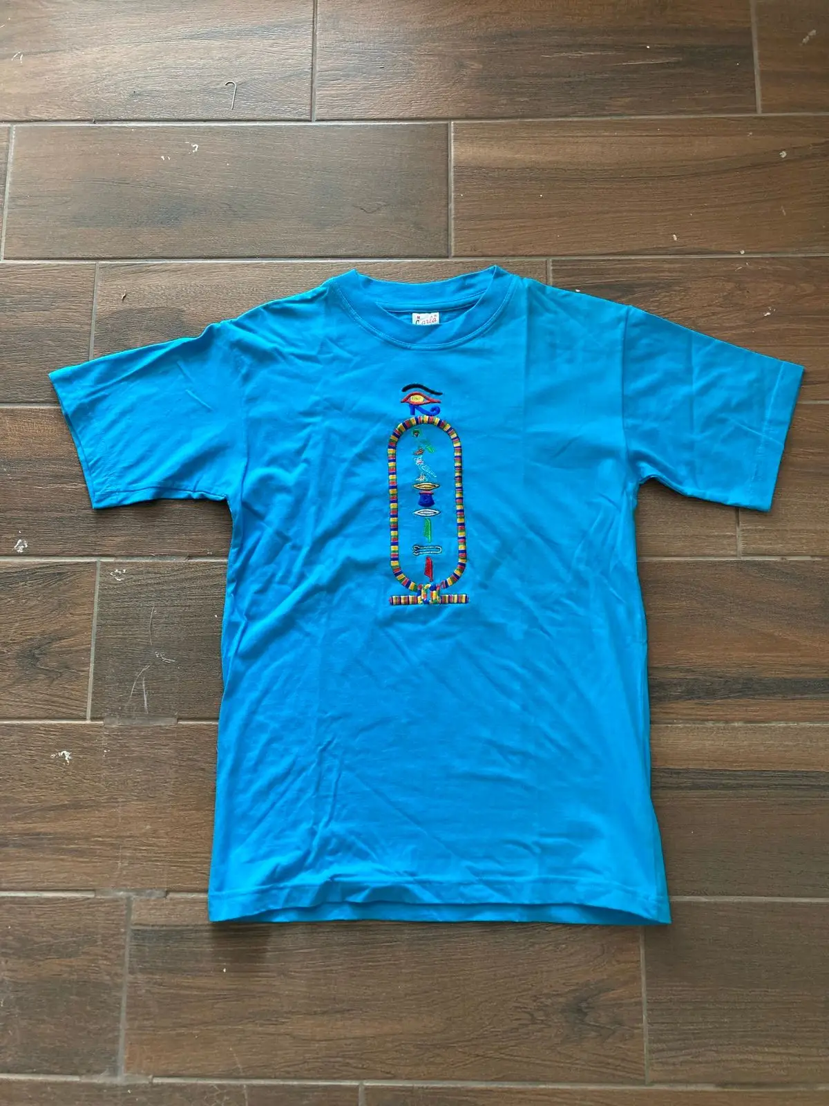 Blue T-Shirt with Egyptian Cartouche Embroidery Medium