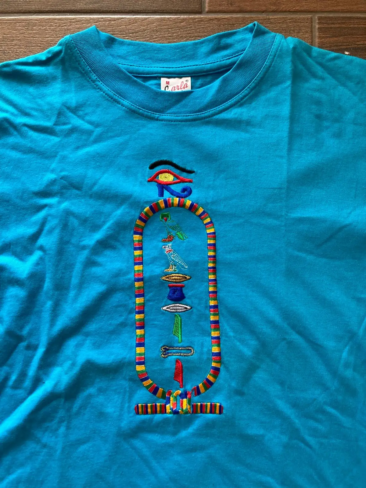 Blue T-Shirt with Egyptian Cartouche Embroidery Medium