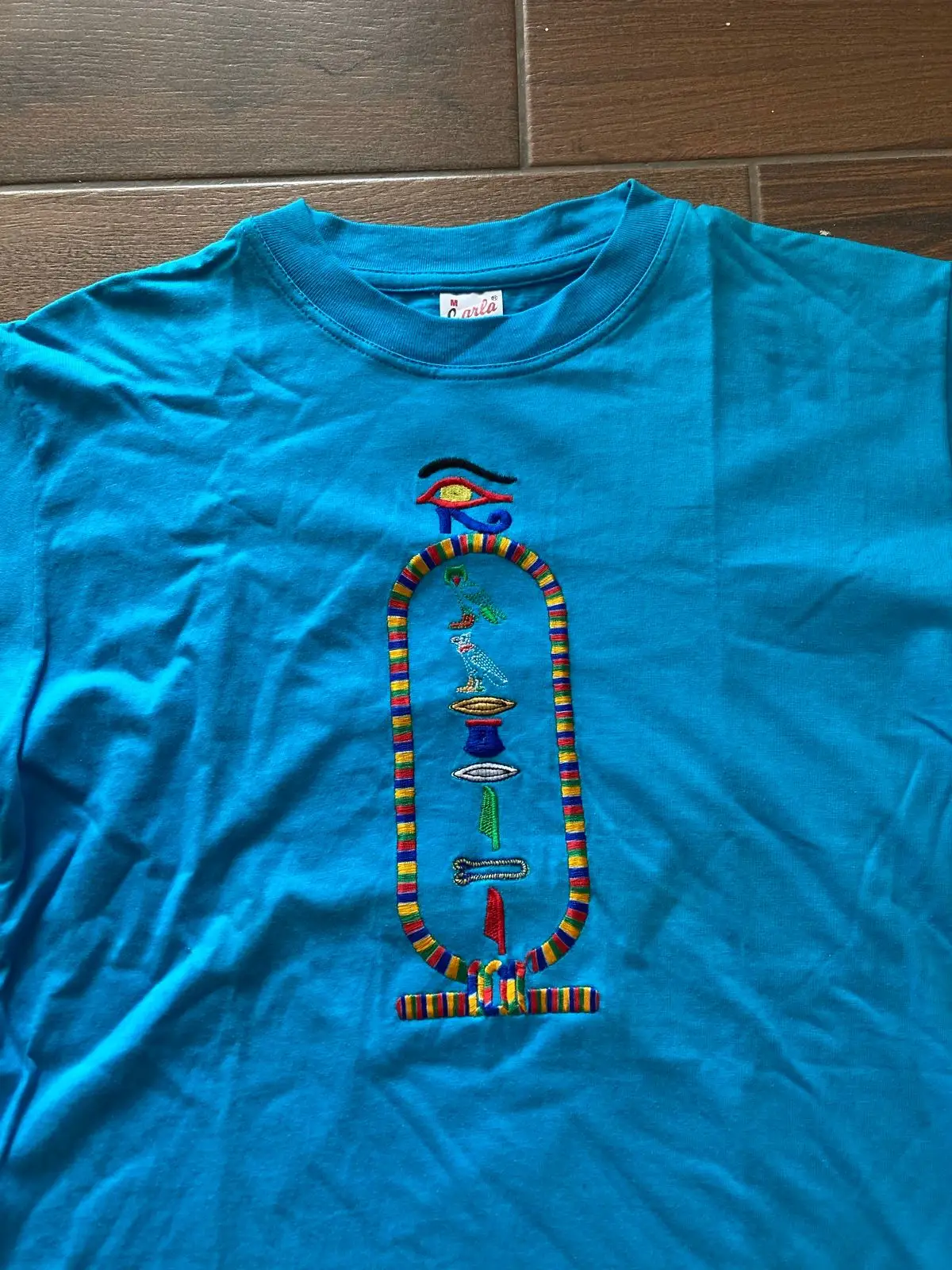 Blue T-Shirt with Egyptian Cartouche Embroidery Medium