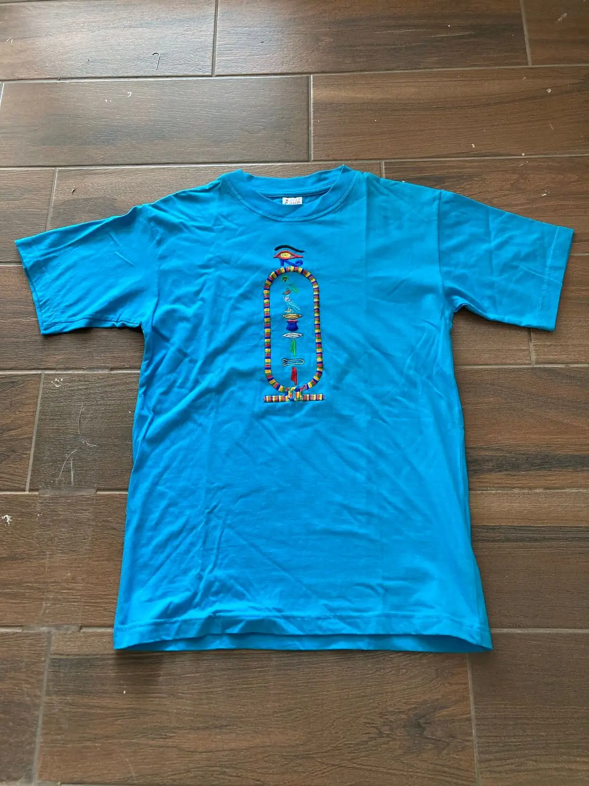 Blue T-Shirt with Egyptian Cartouche Embroidery Medium