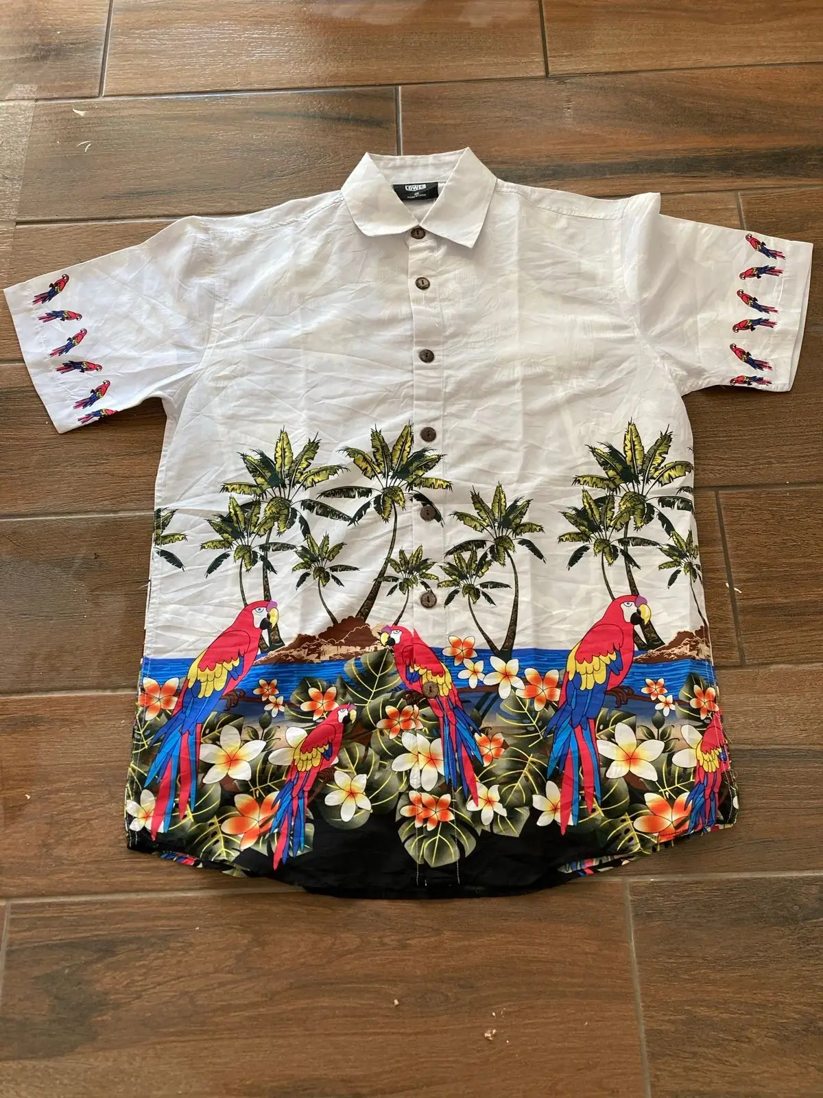 Tropical Palm & Parrot Short Sleeve Button Up Shirt M