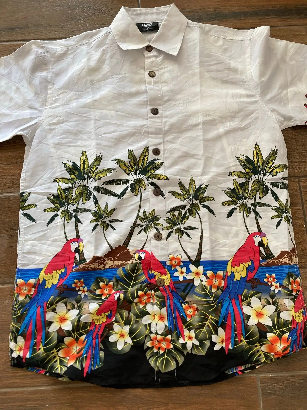 Tropical Palm & Parrot Short Sleeve Button Up Shirt M