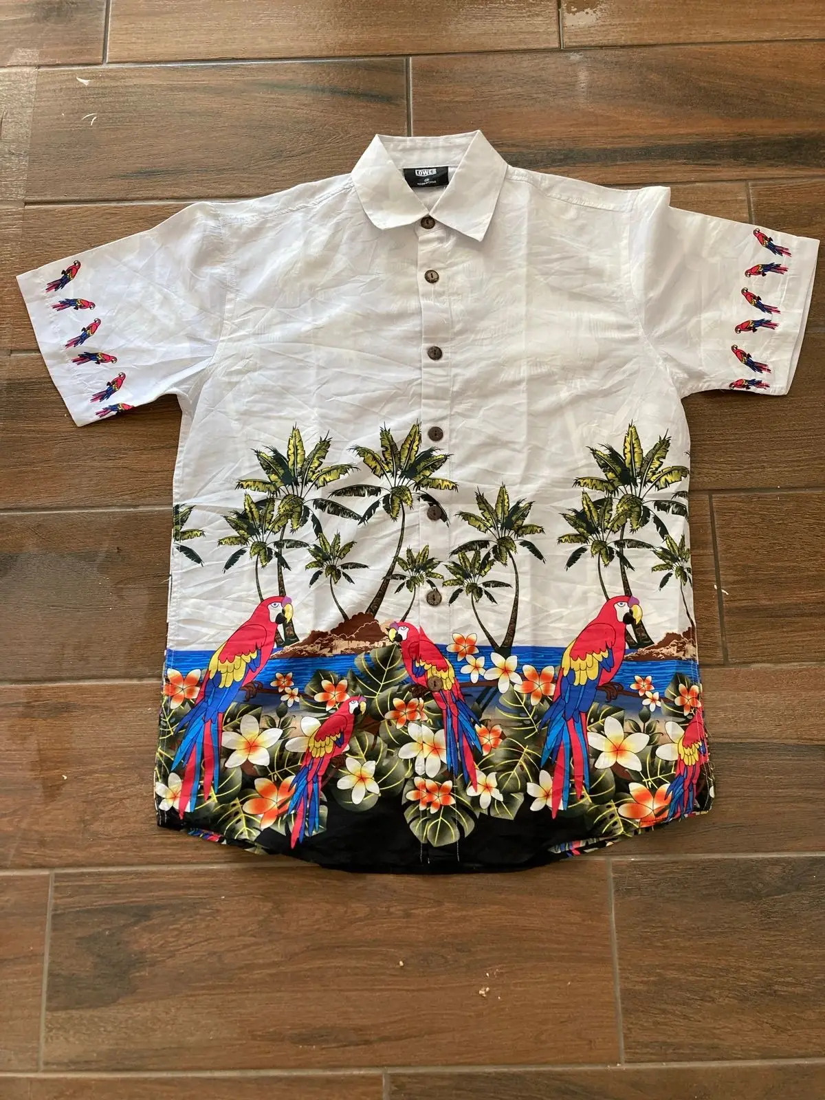 Tropical Palm & Parrot Short Sleeve Button Up Shirt M