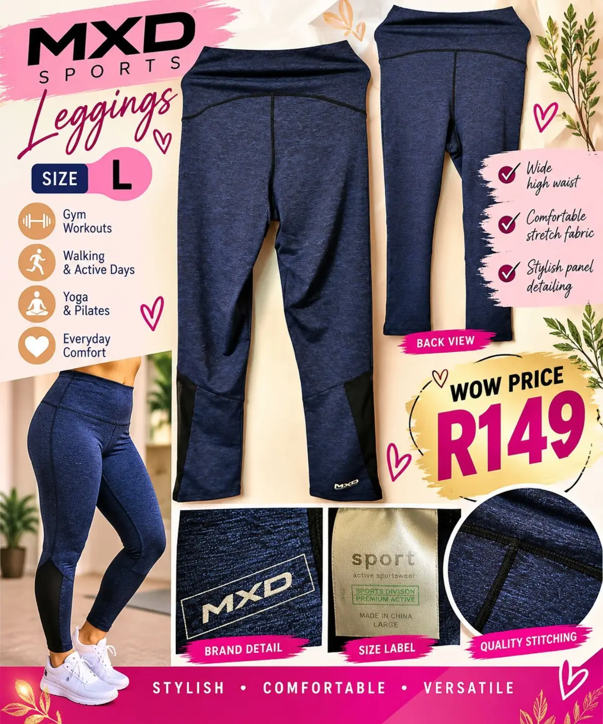 Maxed MXD Sports Navy High-Waisted Activewear Leggings Size L