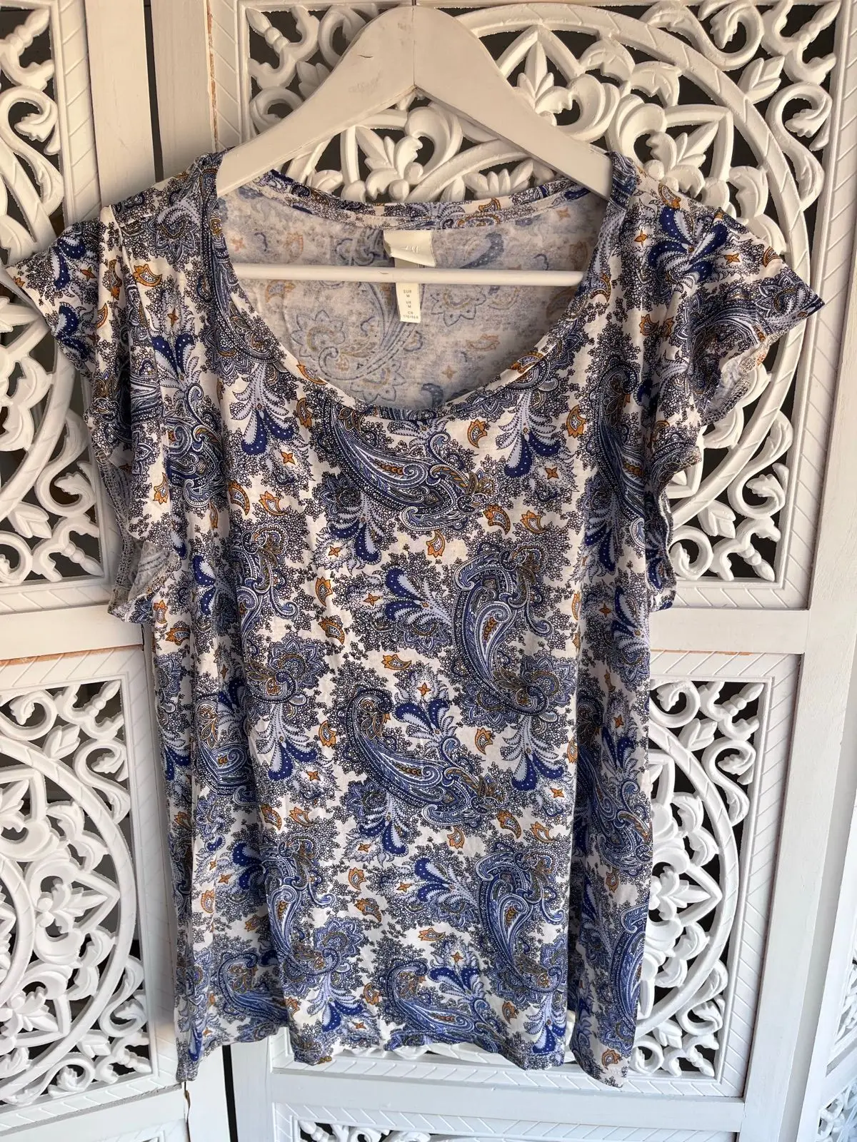 H&M Blue Paisley Print Ruffle Sleeve Top