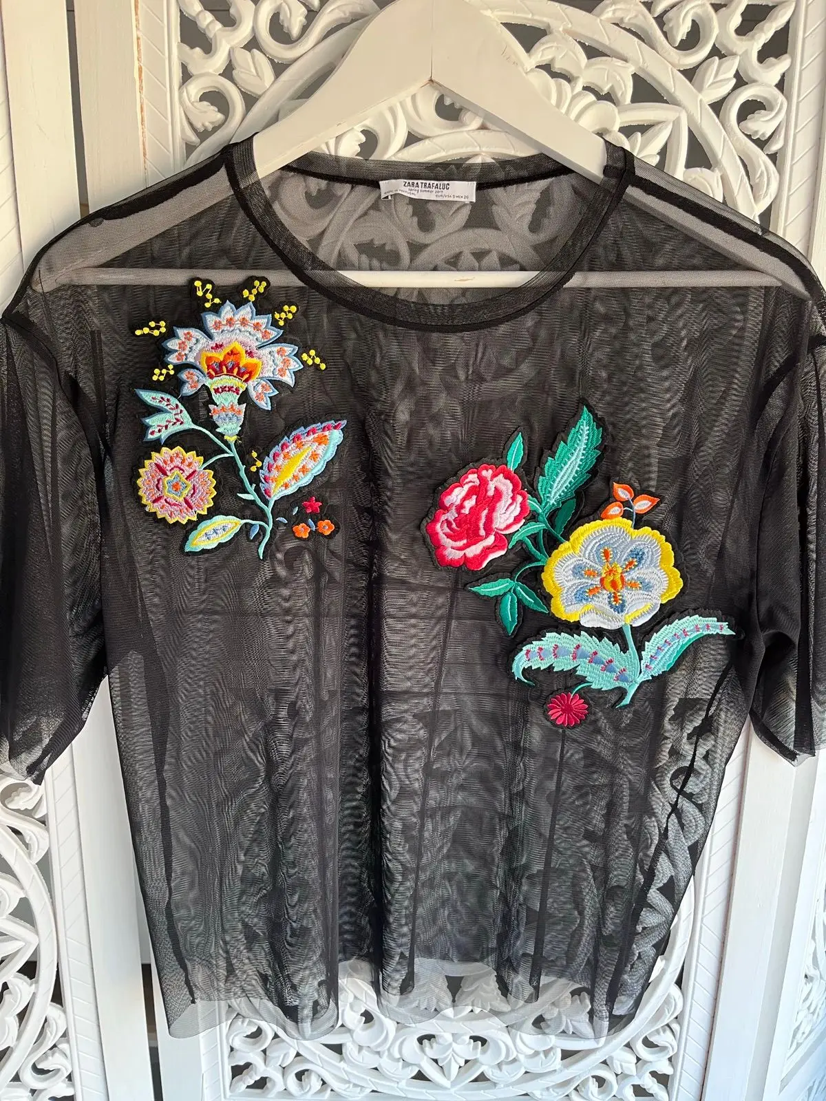 Zara Trafaluc Black Mesh Embroidered Top