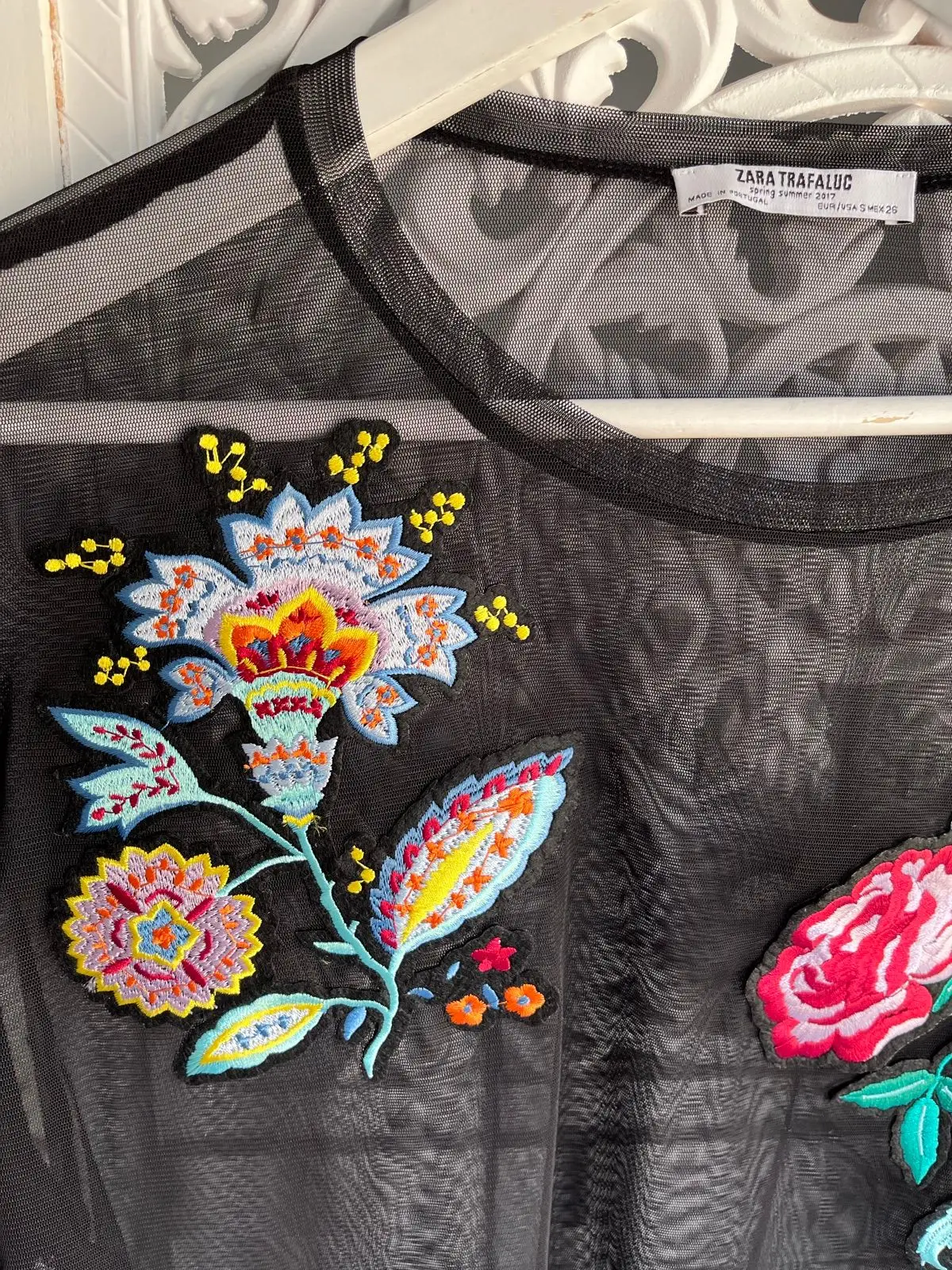 Zara Trafaluc Black Mesh Embroidered Top