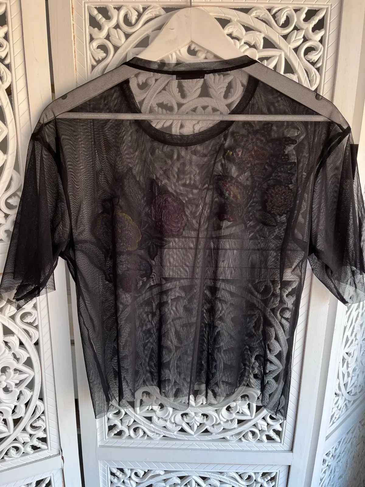 Zara Trafaluc Black Mesh Embroidered Top