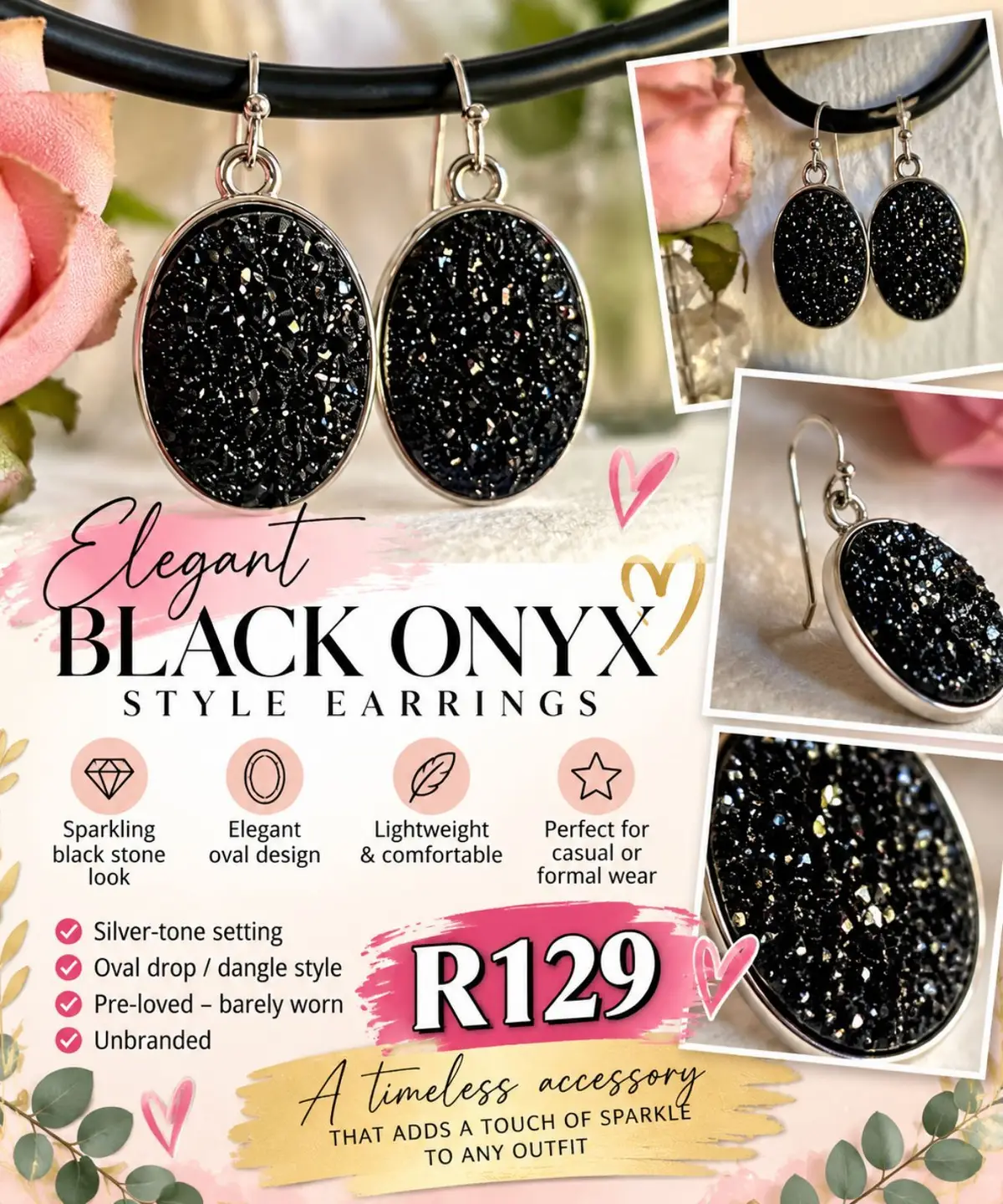 Elegant Black Onyx Style Oval Dangle Earrings