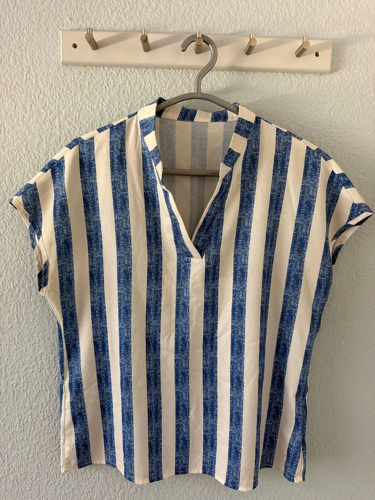 Shein Blue and White Striped V-Neck Top Size S