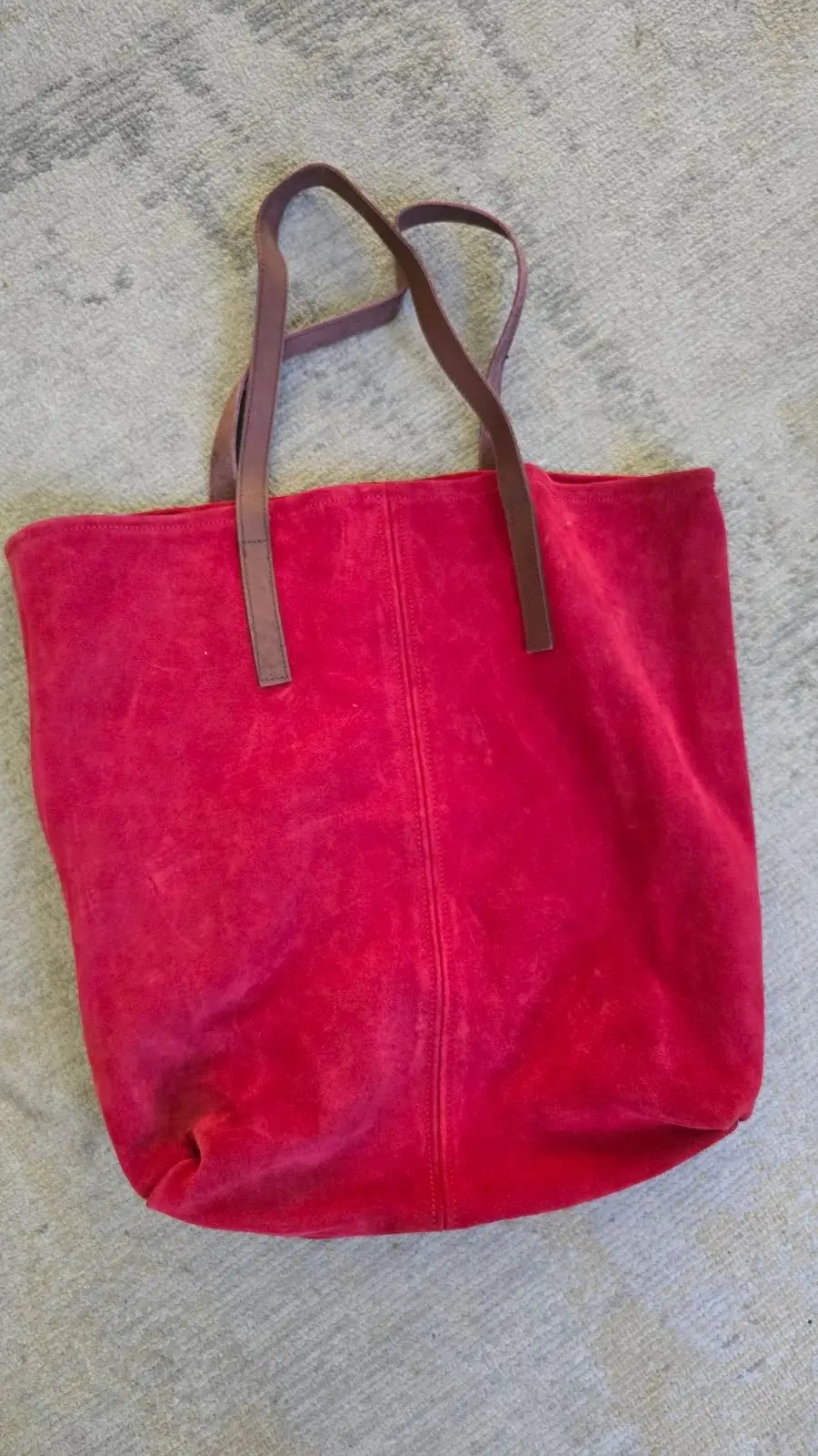 Red Suede-Look Tote Bag with Brown Straps