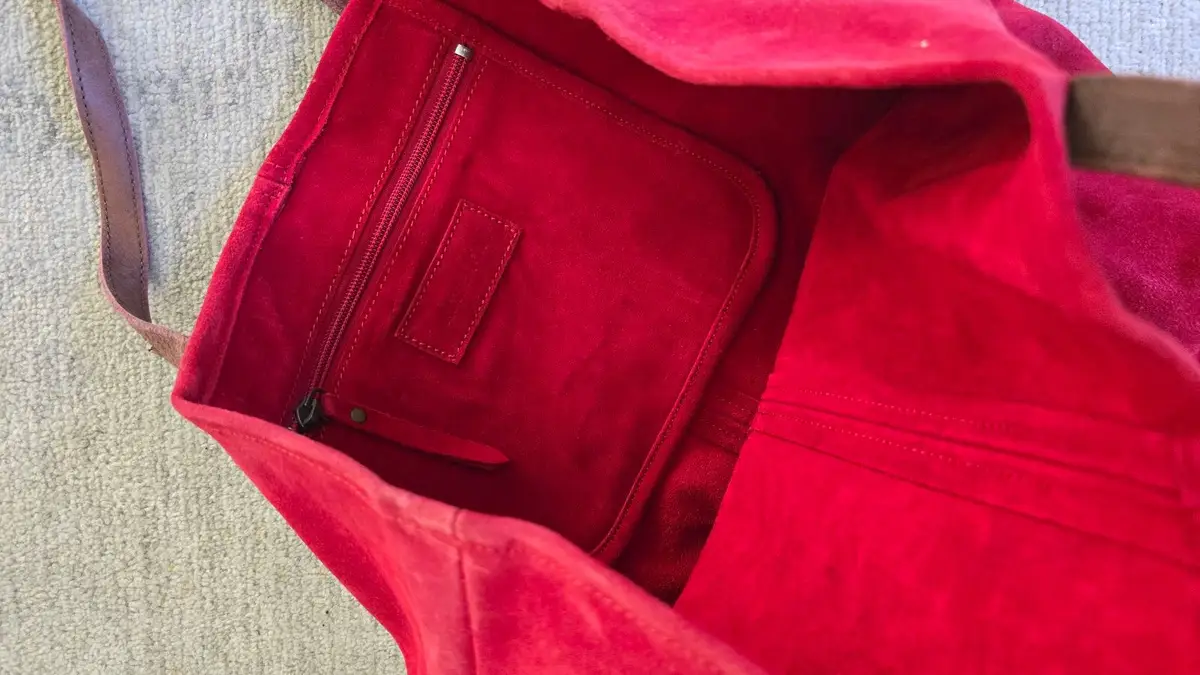 Red Suede-Look Tote Bag with Brown Straps