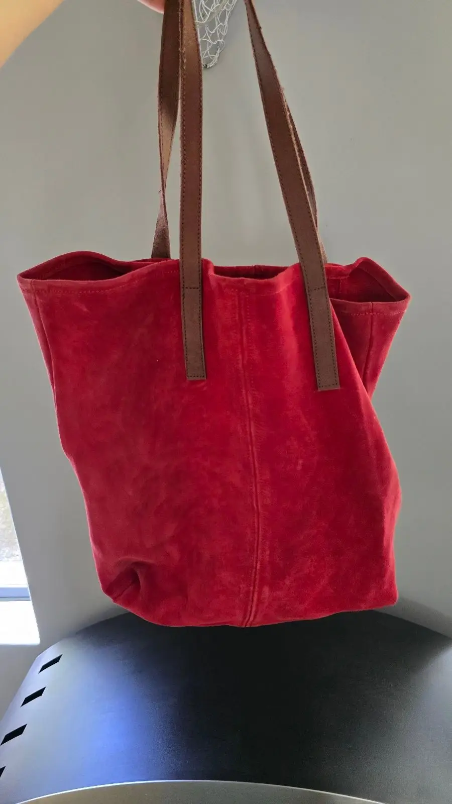 Red Suede-Look Tote Bag with Brown Straps