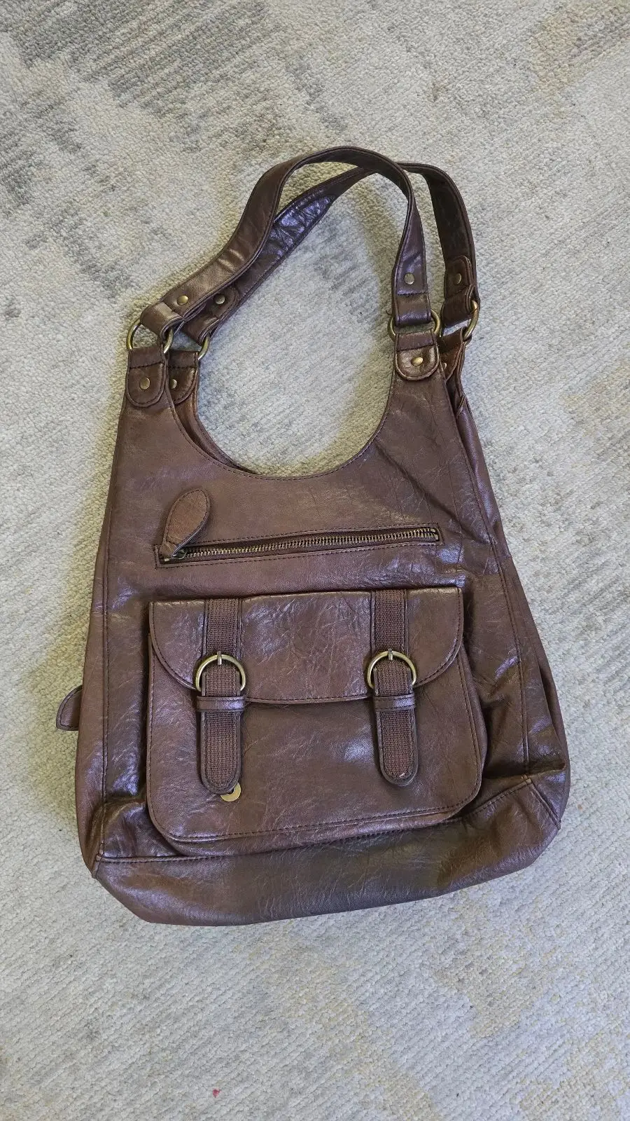 Brown Shoulder Bag with Front Pocket and Buckle Detail