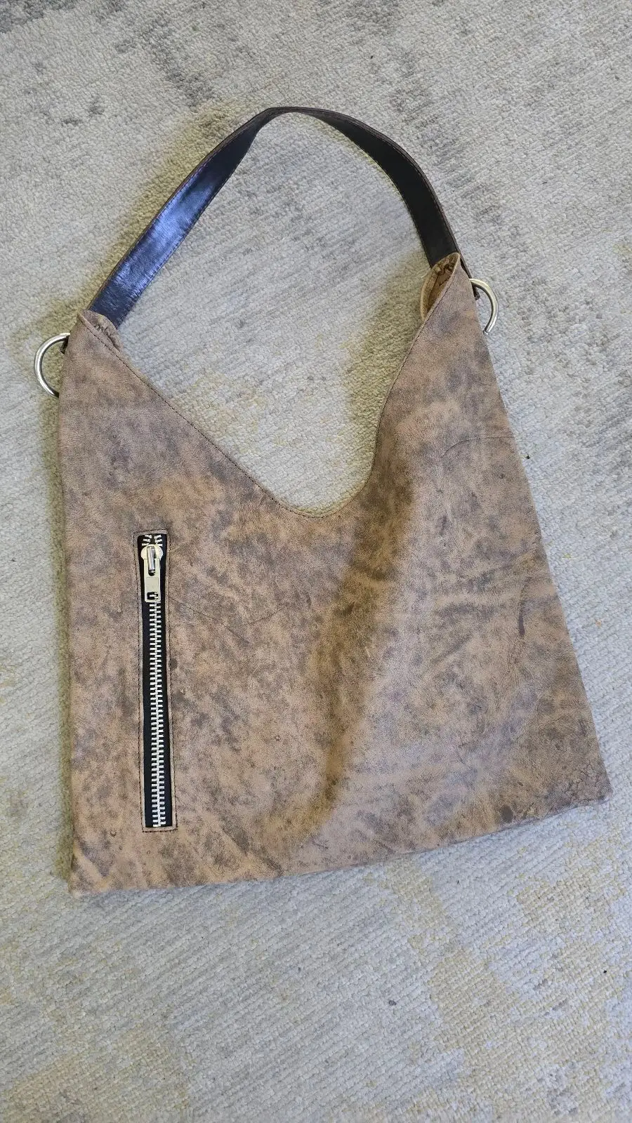 Brown Distressed Shoulder Bag with Front Zipper