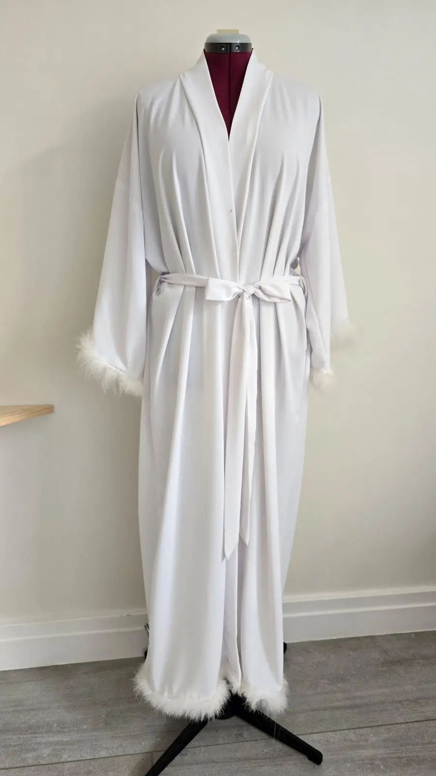 White Dressing Gown with Feather Trim