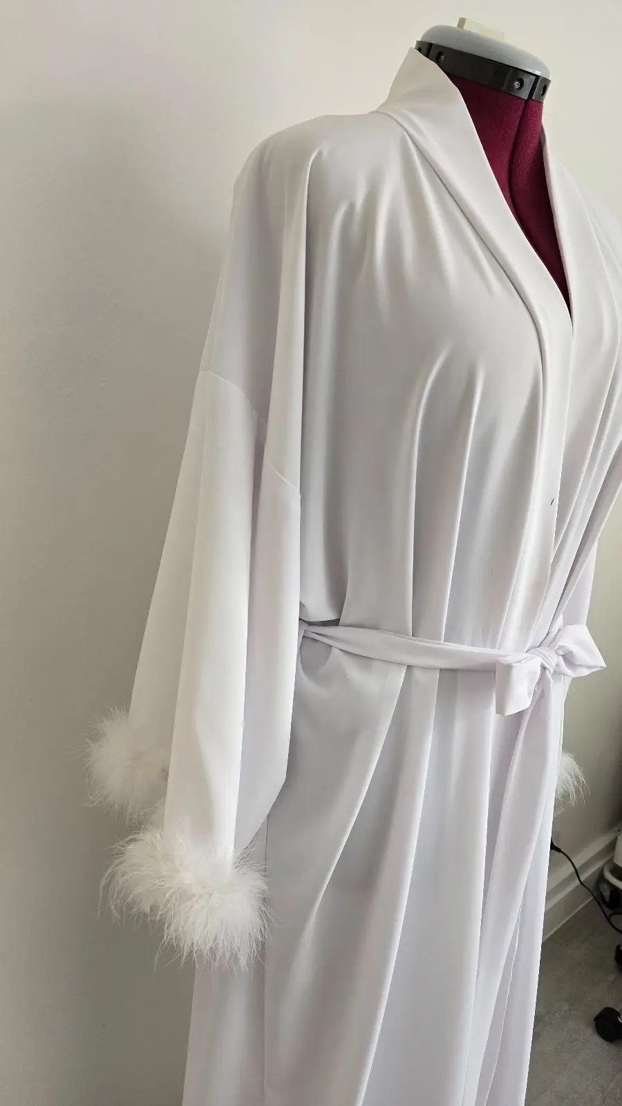 White Dressing Gown with Feather Trim