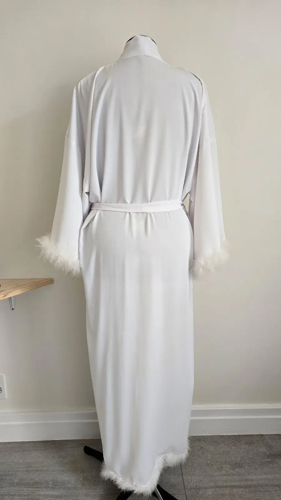 White Dressing Gown with Feather Trim