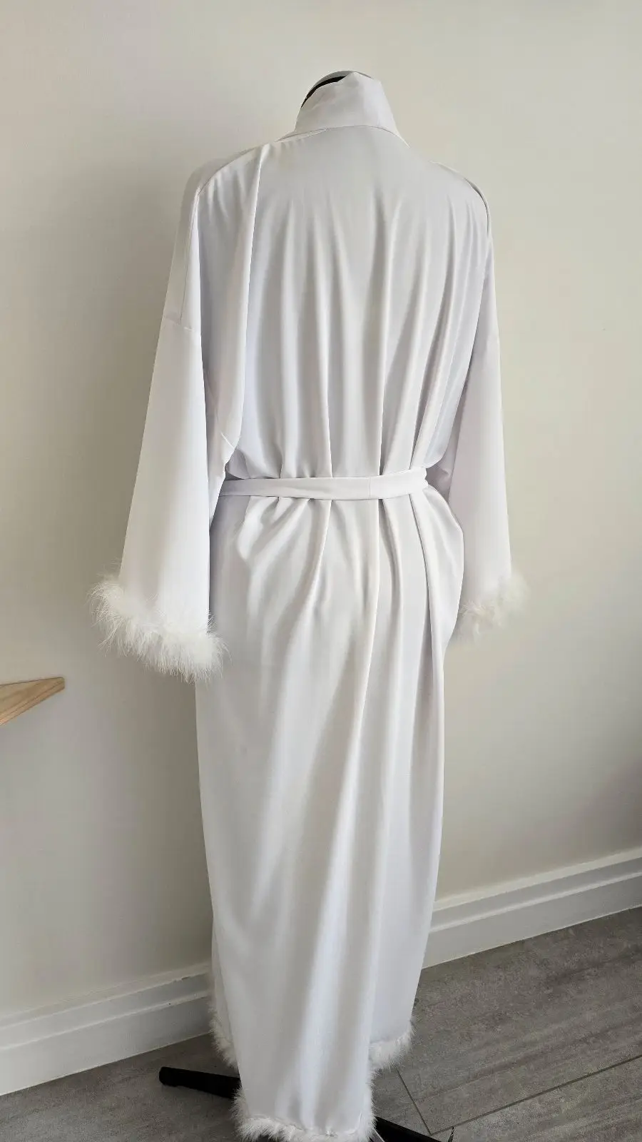 White Dressing Gown with Feather Trim
