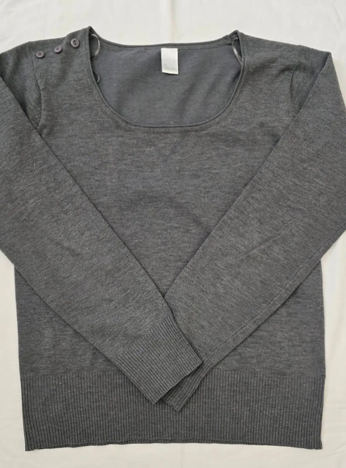Grey Long Sleeve Scoop Neck Top with Button Detail Size L