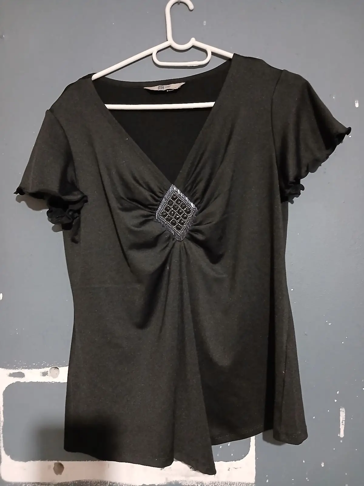 Merien Hall Black V-Neck Top with Rhinestone Detail