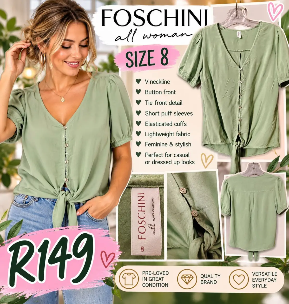 Foschini Green Tie-Front Puff Sleeve Blouse Size 8