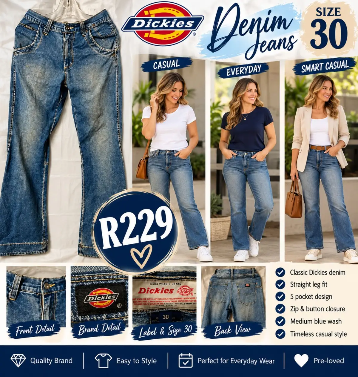 Dickies Classic Blue Denim Jeans Size 30