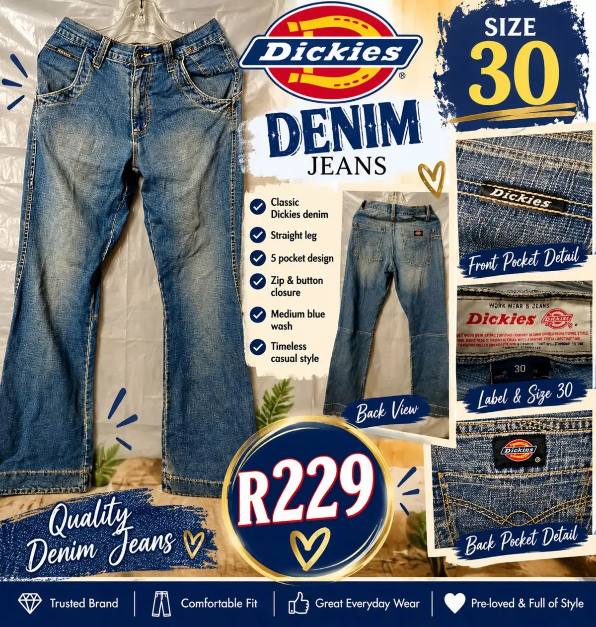Dickies Classic Blue Denim Jeans Size 30