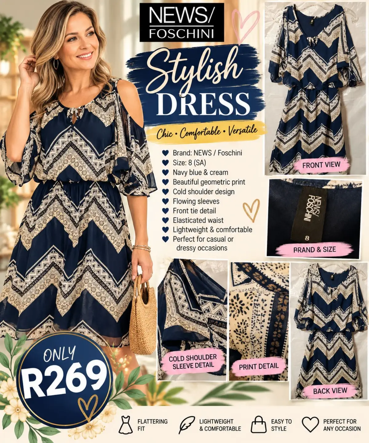 Foschini NEWS / Foschini Navy & Cream Cold Shoulder Dress Size 8