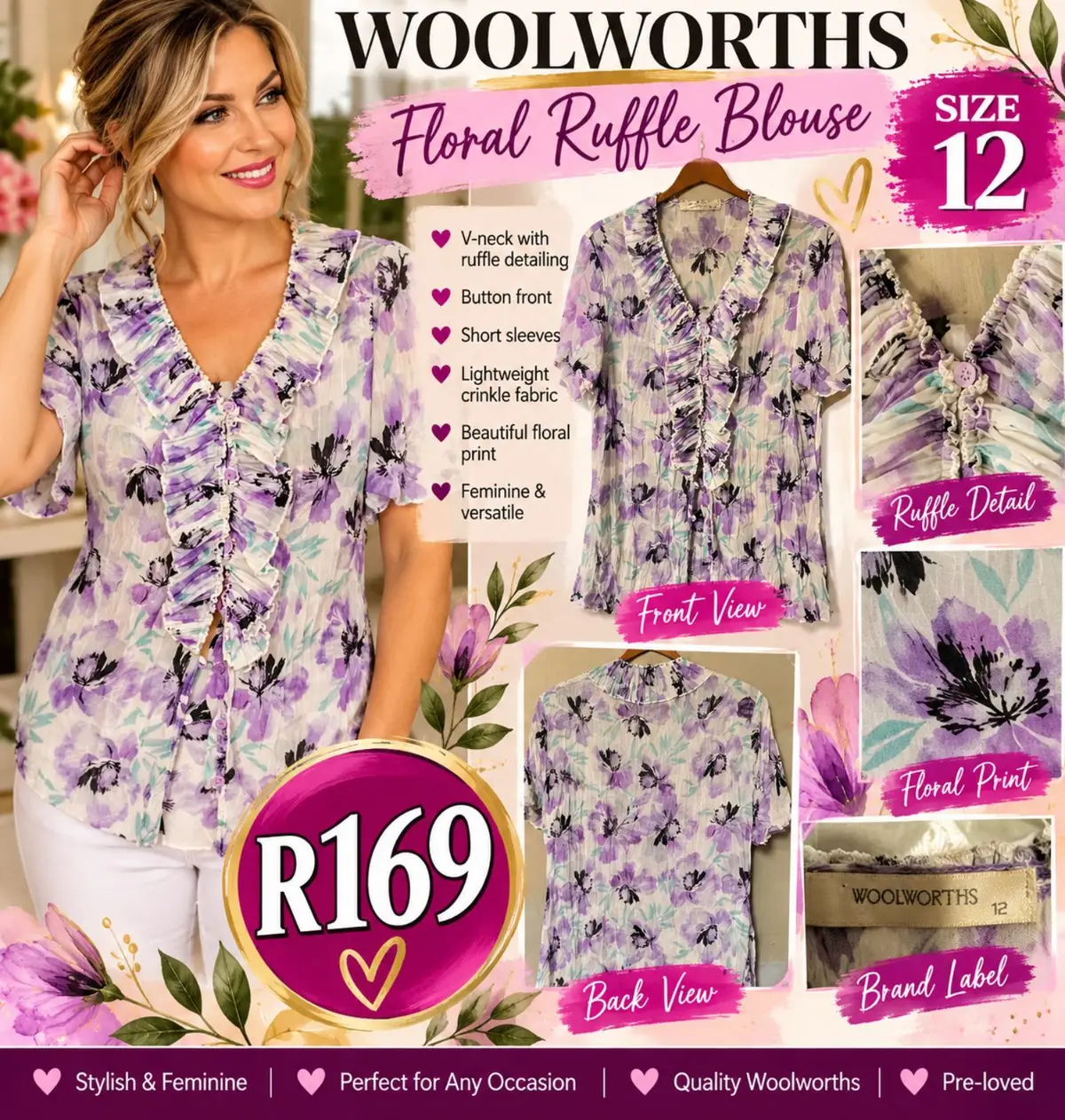 Woolworths Floral Ruffle Blouse Size 12