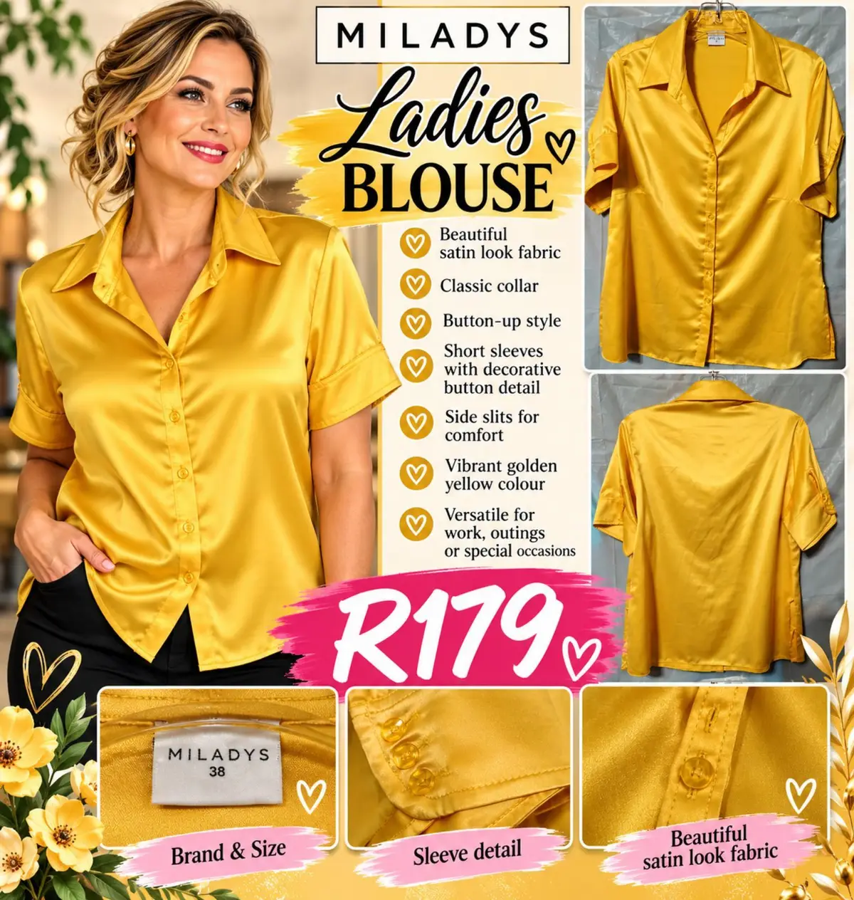 Miladys Golden Yellow Satin-Look Button-Up Blouse Size 38