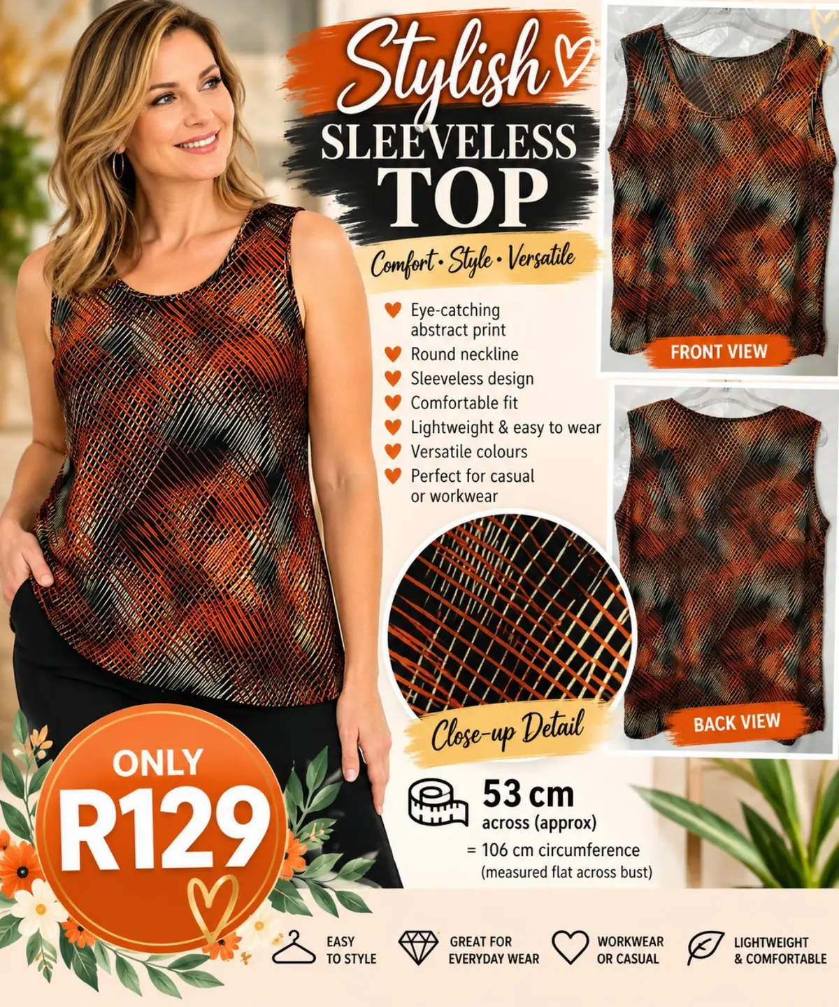 Vintage Ladies Sleeveless Abstract Print Top XL