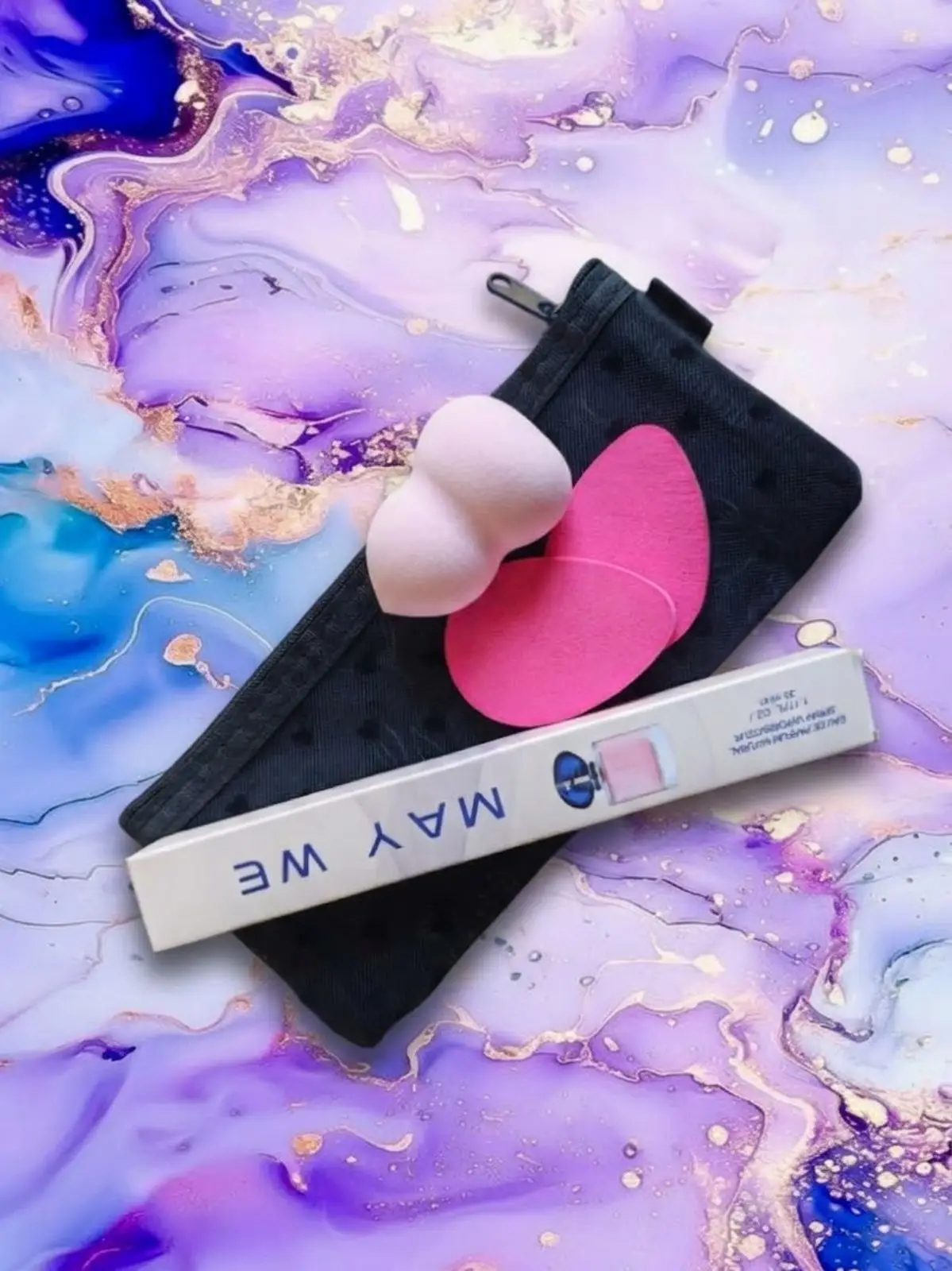 MAY WE Fragrance, Makeup Sponge, and Black Pouch Set
