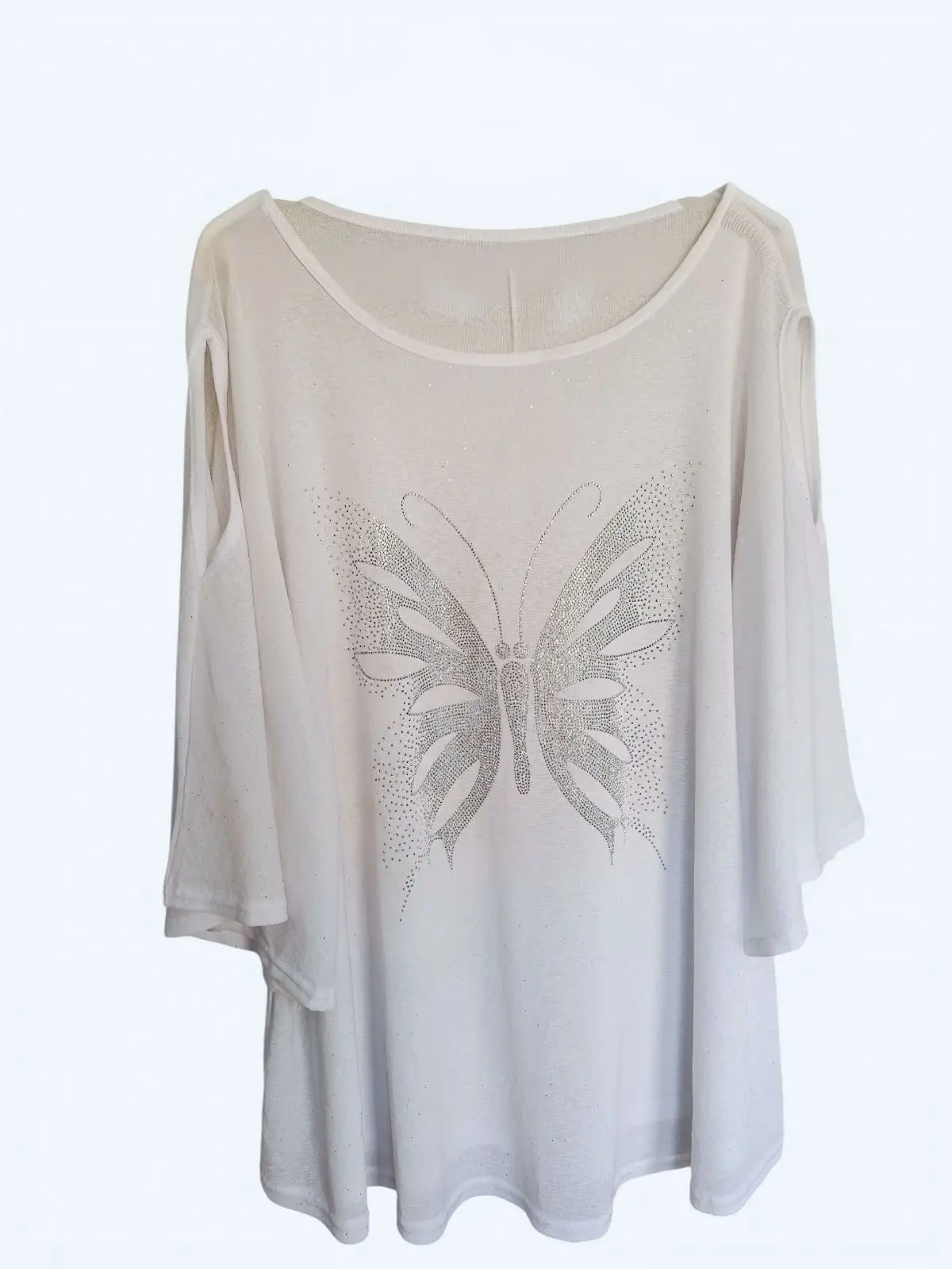 White Rhinestone Butterfly Cold Shoulder Top