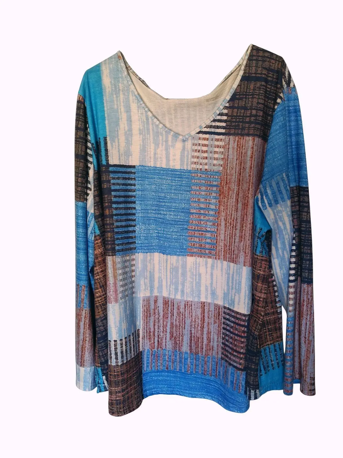 Blue Patchwork Long Sleeve V-Neck Top