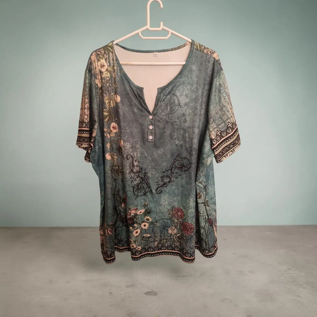 Shein Floral Print Henley Top 5XL
