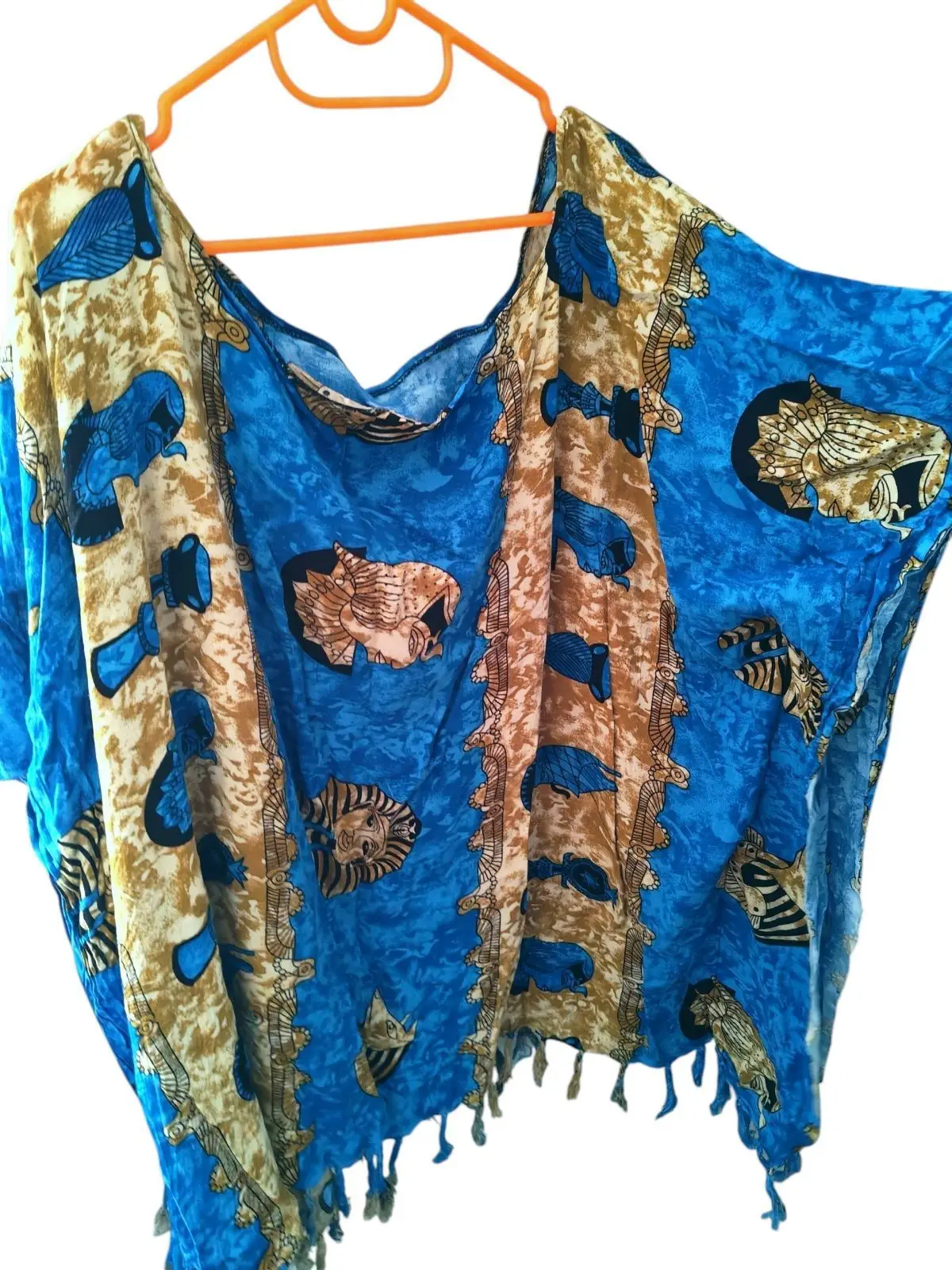 Shein Blue and Gold Egyptian Print Kaftan Top