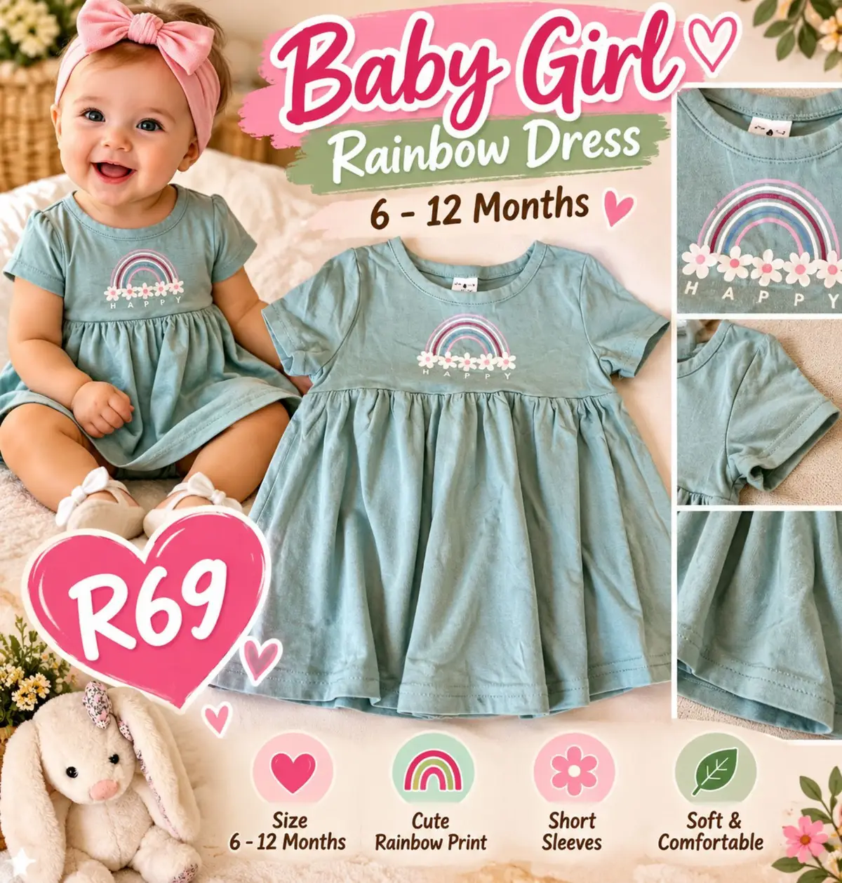 Baby Girl Sage Green Rainbow Dress 6-9 Months